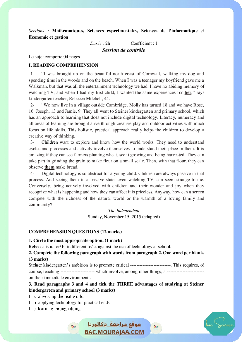 Corrigé controle anglais Bac 2017 – Section science